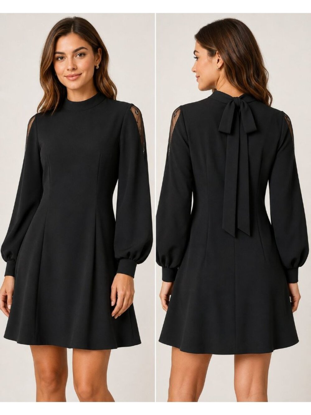 Zhejing Women’s Black Mock Neck Flare Dress Balloon Sleeves w/lace Tie Medium